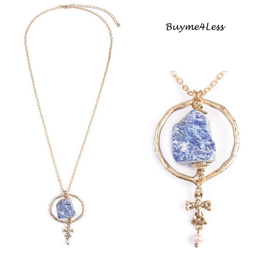 Druzy Gemstone Pendant Gold Cross Pearl Necklace